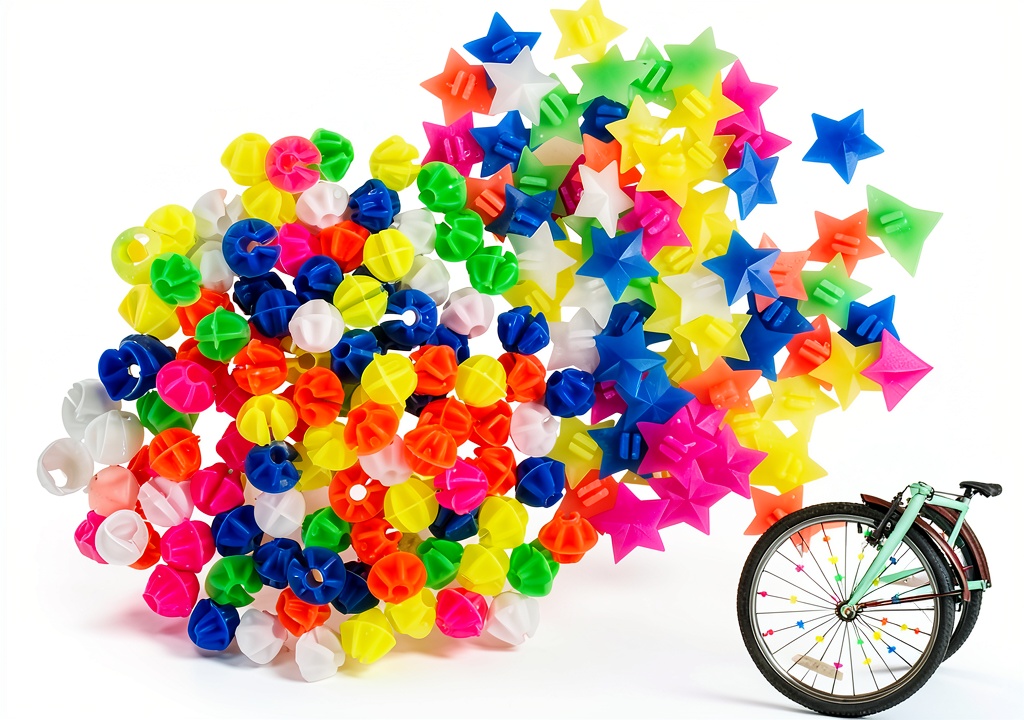 Child installing multicolor bike spoke beads on a bicycle wheel
