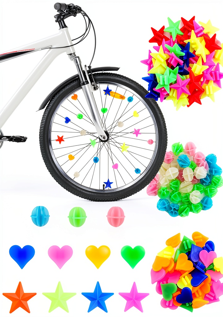 Child clipping colorful beads onto bike spokes