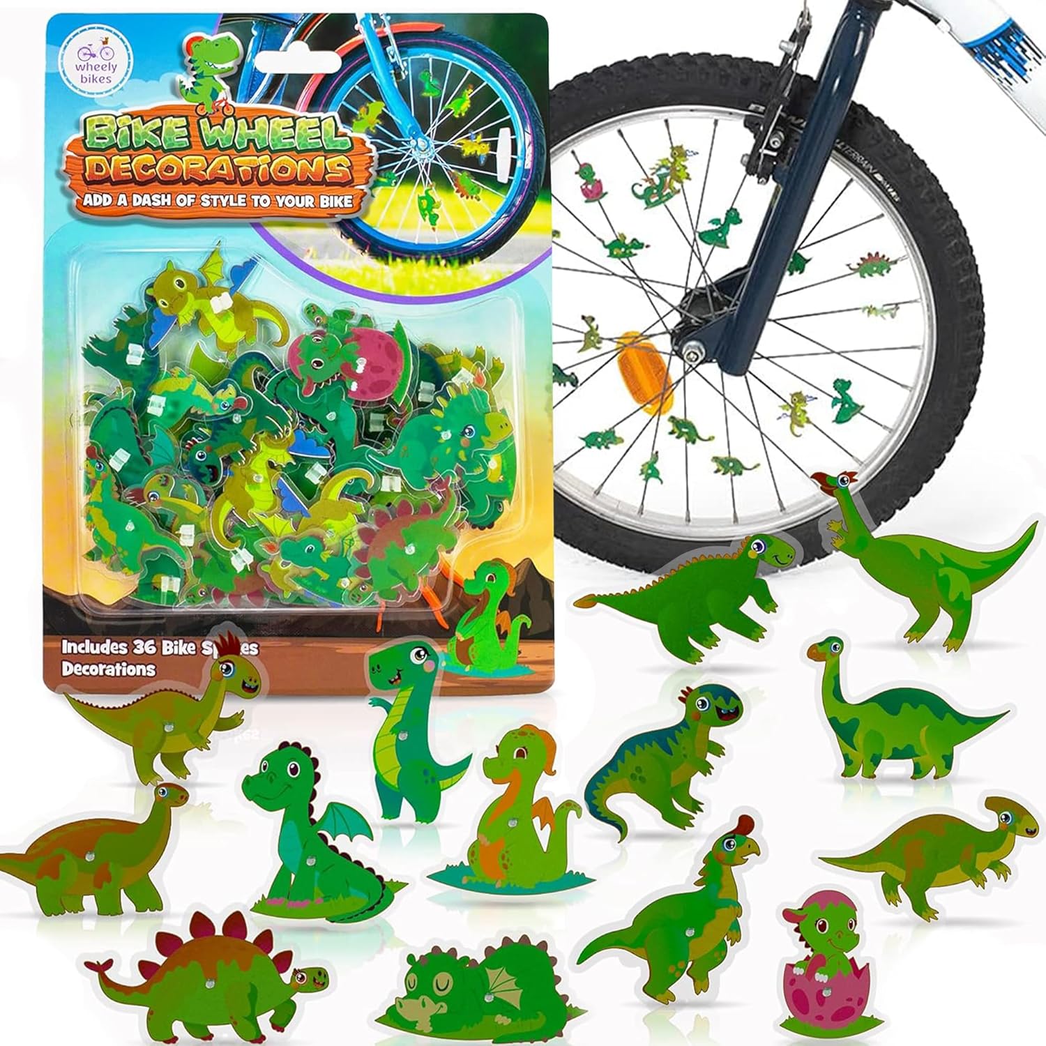 Dinosaur bike spoke decorations on a bike